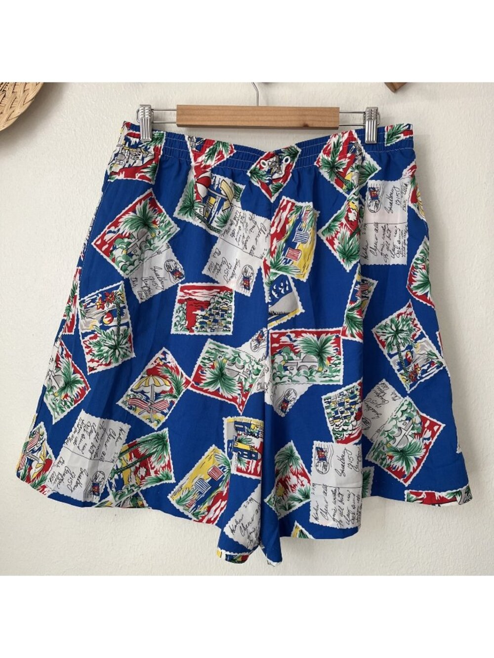 90s Koret high rise Shorts L/XL blue postcard cullottes cruise elastic waist fun